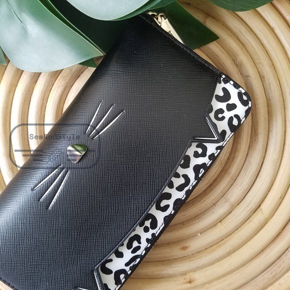 Kate Spade NWT Meow Cat Large Continental Wallet in Black Leather White Leopard - Picture 11 of 12
